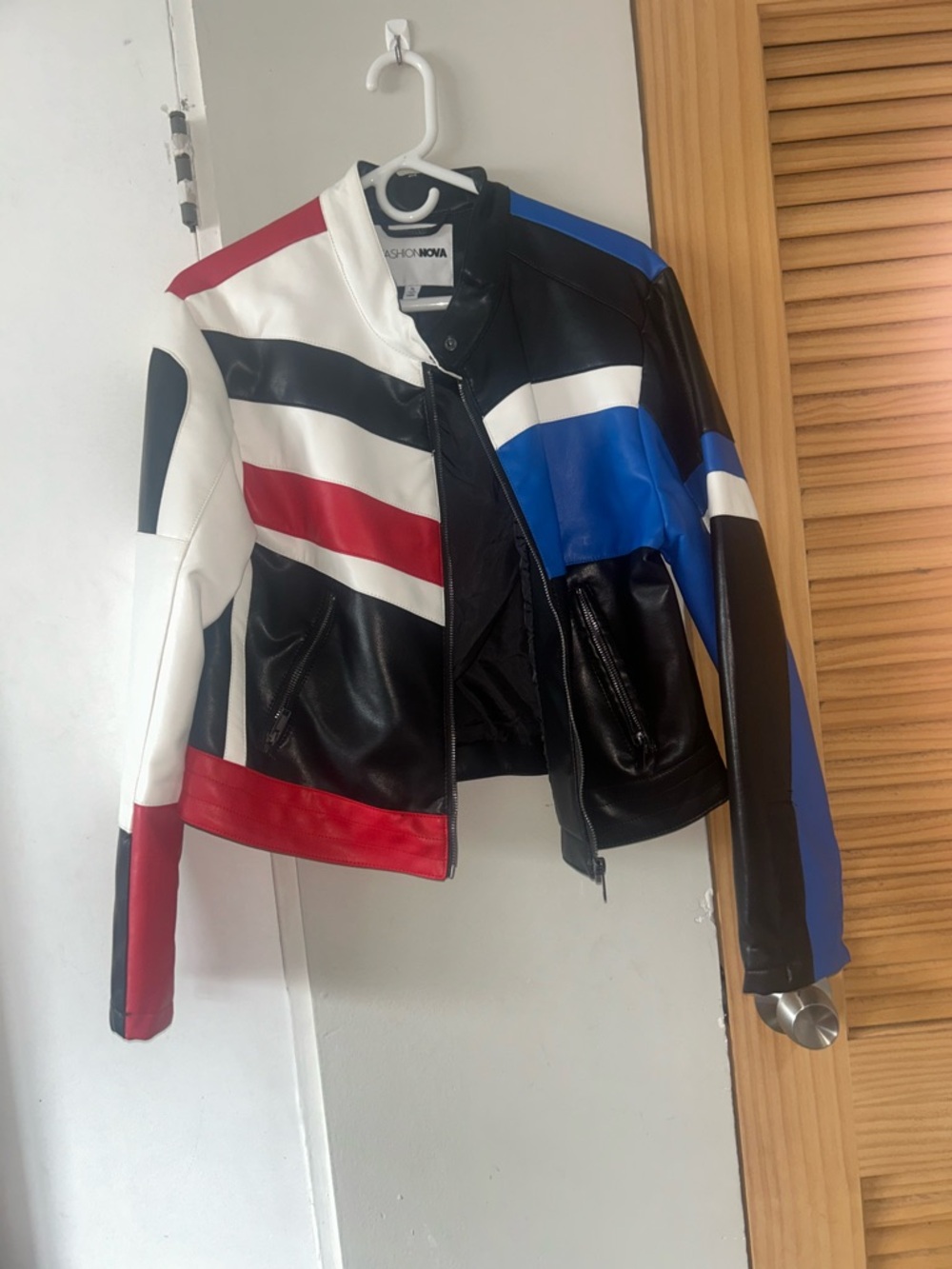 Fashion Nova Colorblock Leather Moto Jacket - Black, White, Red & Blue